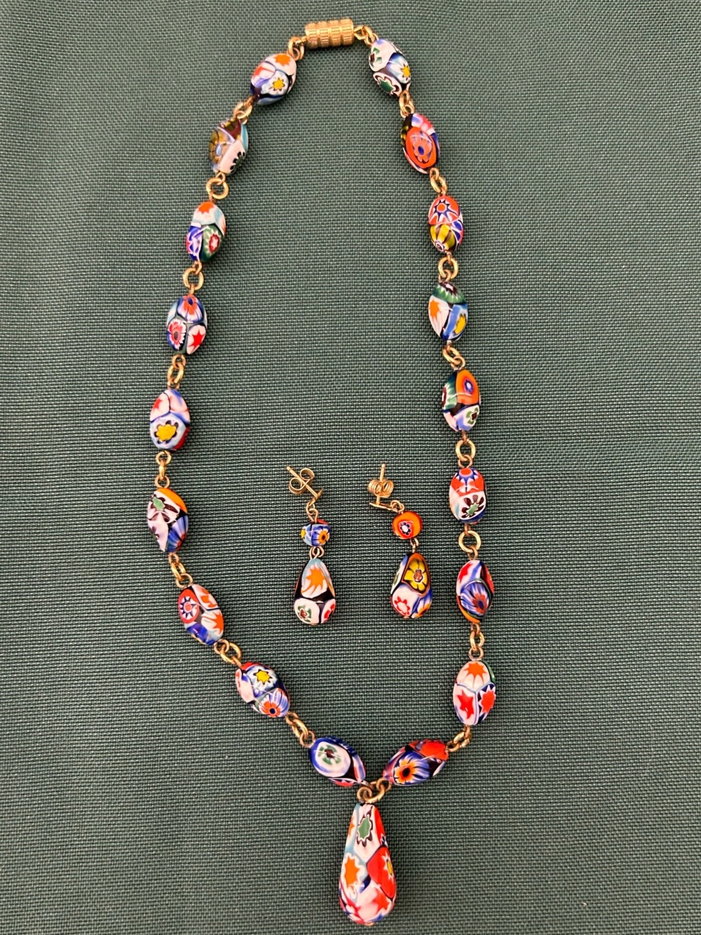 Vintage Murano millefiori glass beaded necklace and matching earring set.